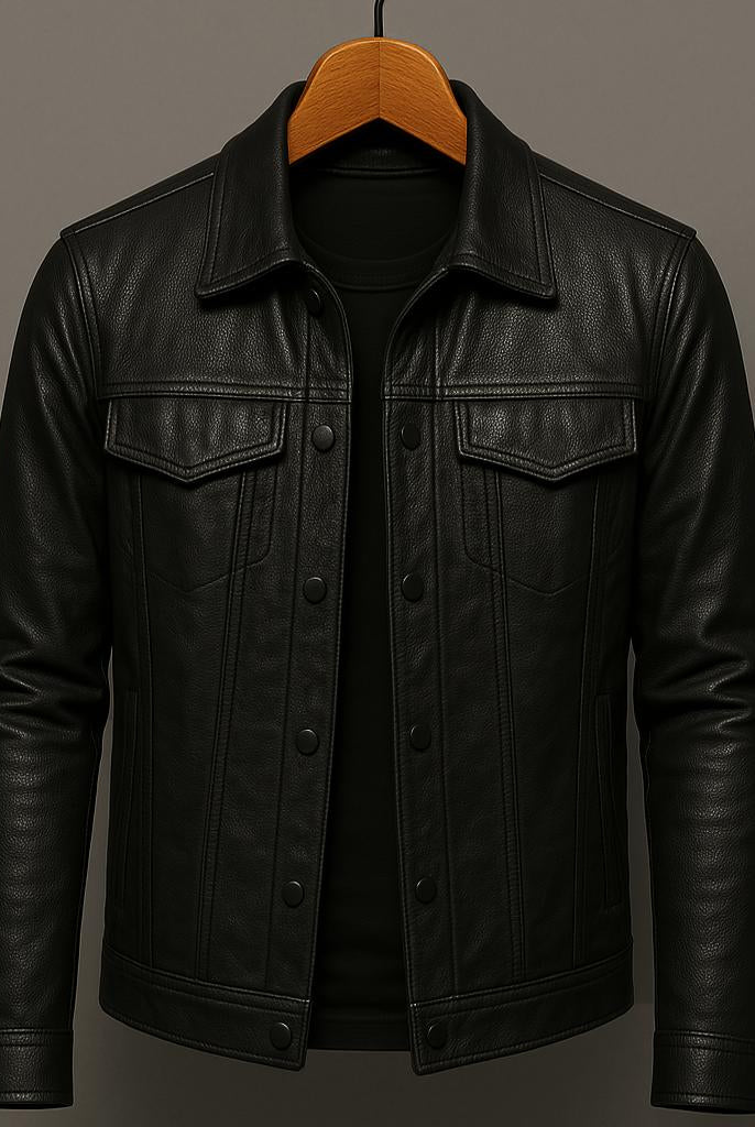 Black leather jacket on a hanger against a gray background