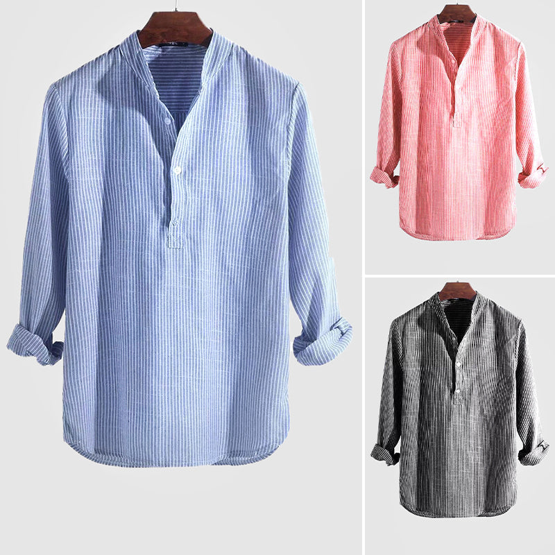 Cotton-Linen Blend Men's Shirt, Long Sleeve Henley with Band Collar – Striped Casual and Semi-Formal Top 6