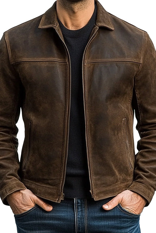 Brown leather jacket worn by a person on a white background