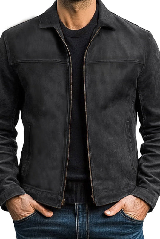 Black suede jacket worn by a person on a white background