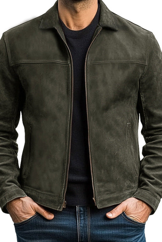 Green suede jacket worn by a person on a white background