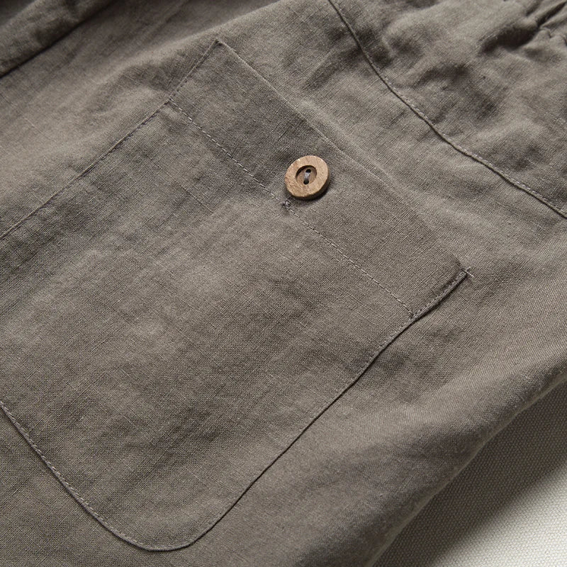 Close-up of a pocket on a gray fabric garment with a button.