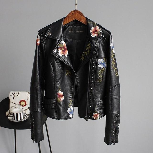 Women's Stylish Embroidered Leather Jacket