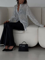 Women’s Beaded Lapel Shirt | Long Sleeve Party Blouse