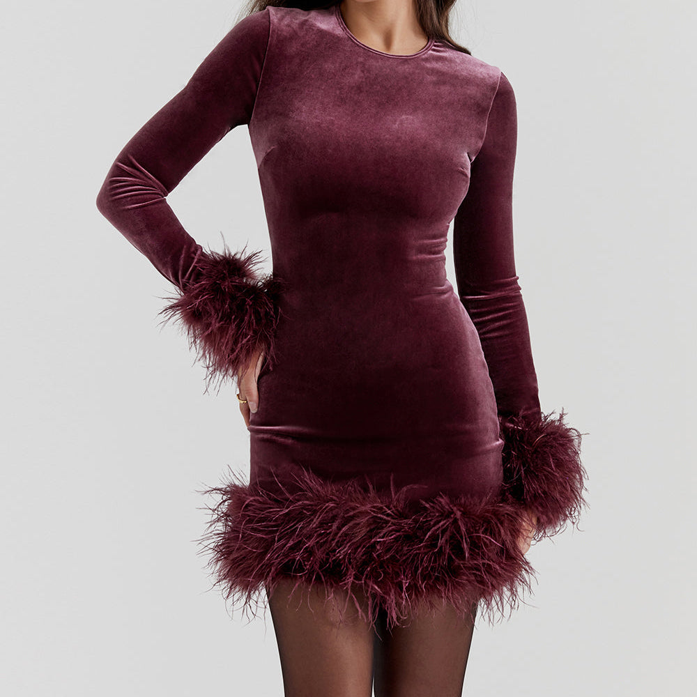 Women’s Velvet Mini Dress – Long Sleeve & Flattering Fit with Fur Trim