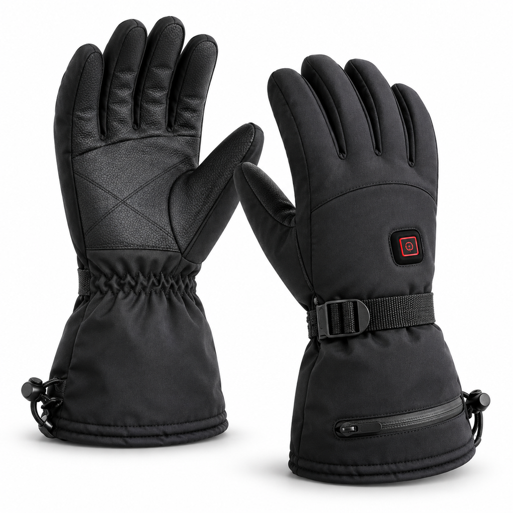 Jinlida JLD-S1 black heated gloves, showing the textured palm, red-outlined control, wrist strap and zipped cuff.