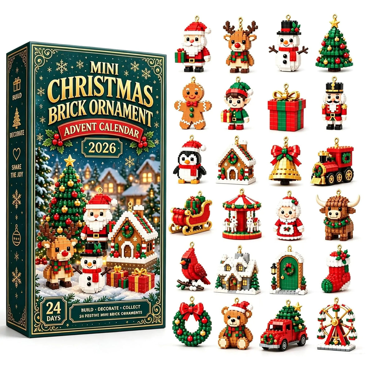 24-day Mini Christmas Calendar with Building Blocks, Unique Designs, Buildable Bricks, Includes Hanging Loops, Festive Countdown