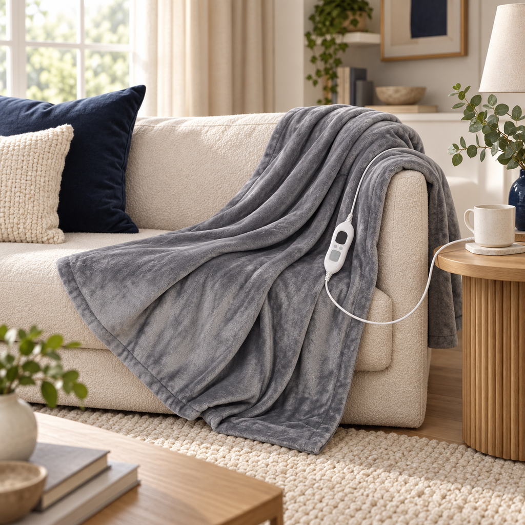 Grey Flannel Heated Throw – 6 Heat Settings & Timer
