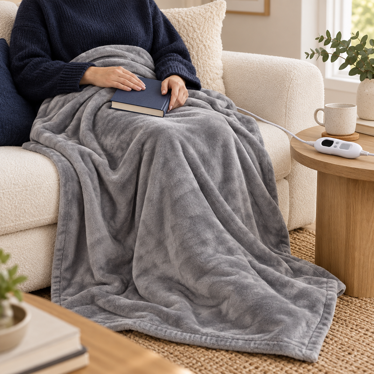 Grey Flannel Heated Throw – 6 Heat Settings & Timer