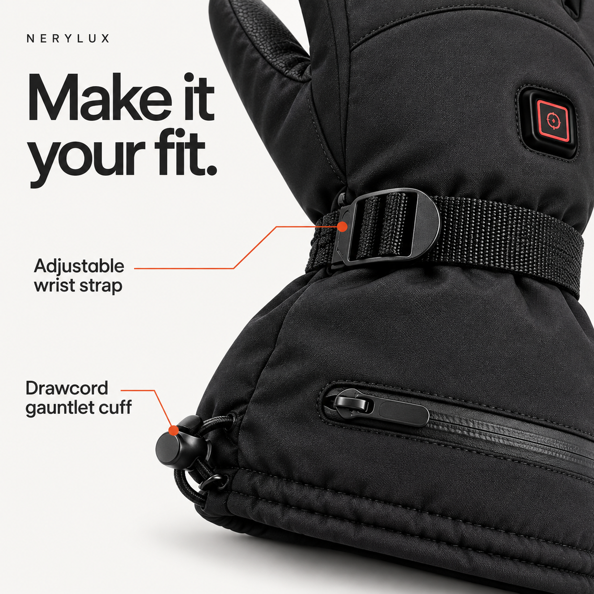 Close-up of the Jinlida JLD-S1 wrist strap, zipped cuff and drawcord closure.
