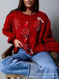 Women's Christmas Knit Sweater – Loose Fit Round Neck Pullover with Lantern Sleeves