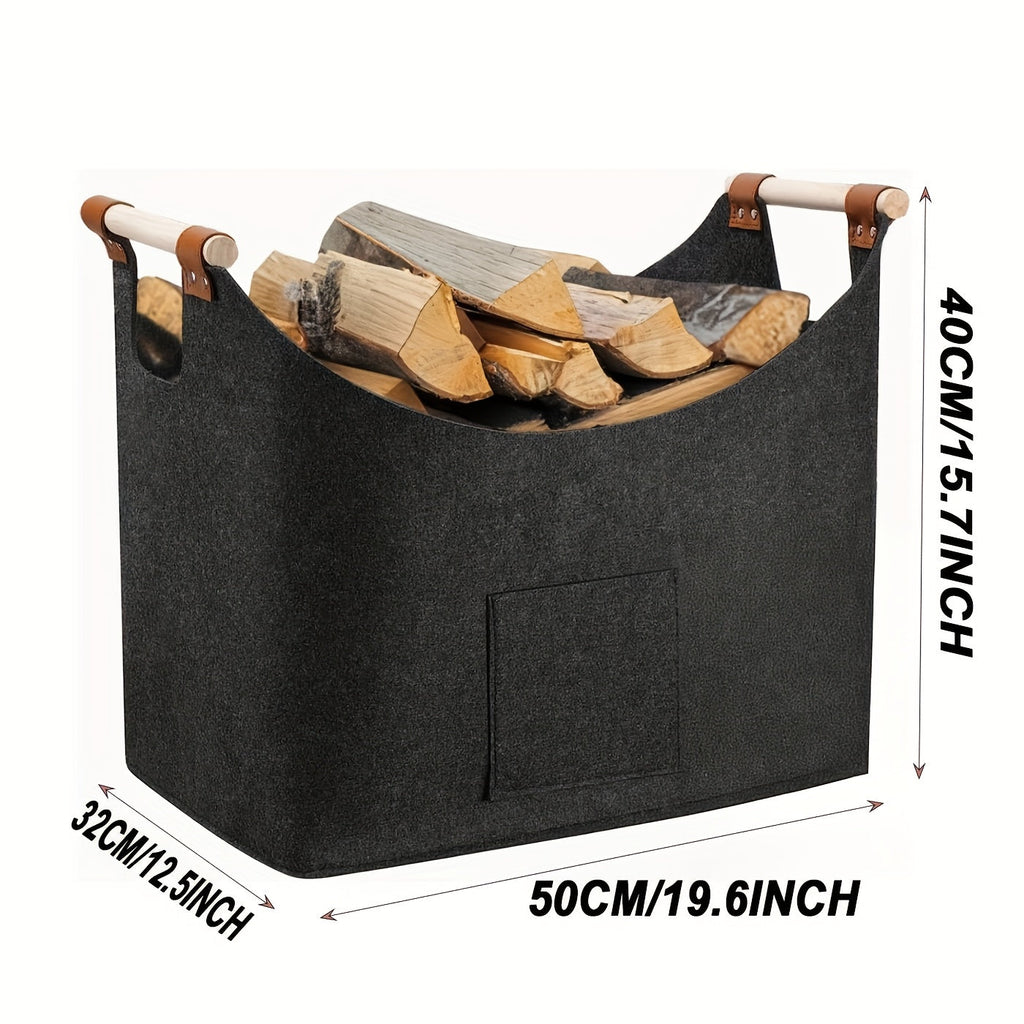 Felt Firewood Basket - Foldable, 55L Volume, Wooden Handles & Leather Details - Dark Gray
