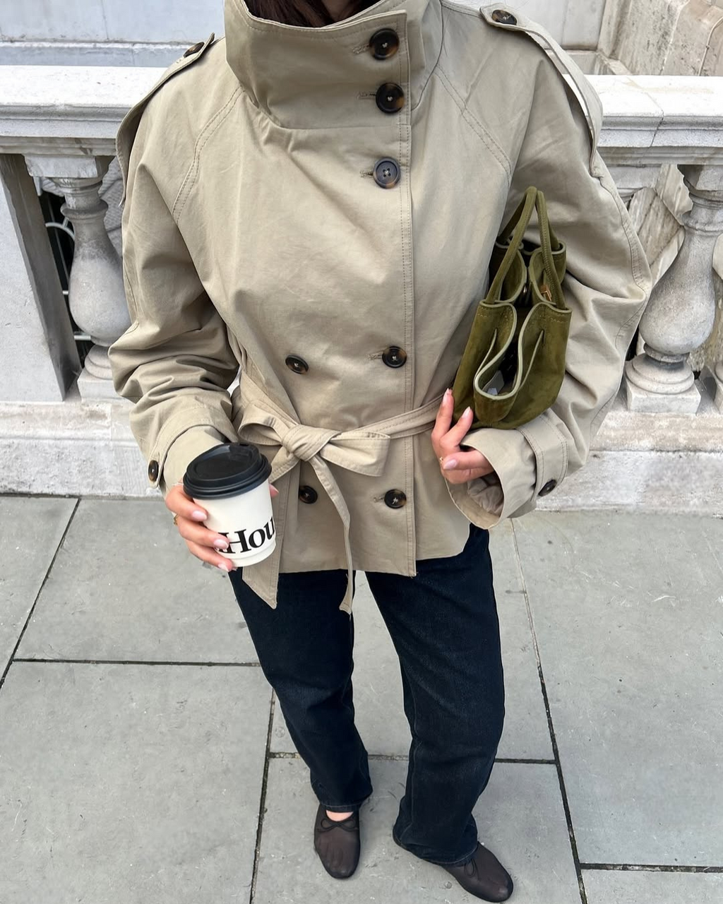 Women's Funnel Neck Double Breasted Belted Cropped Trench Coat