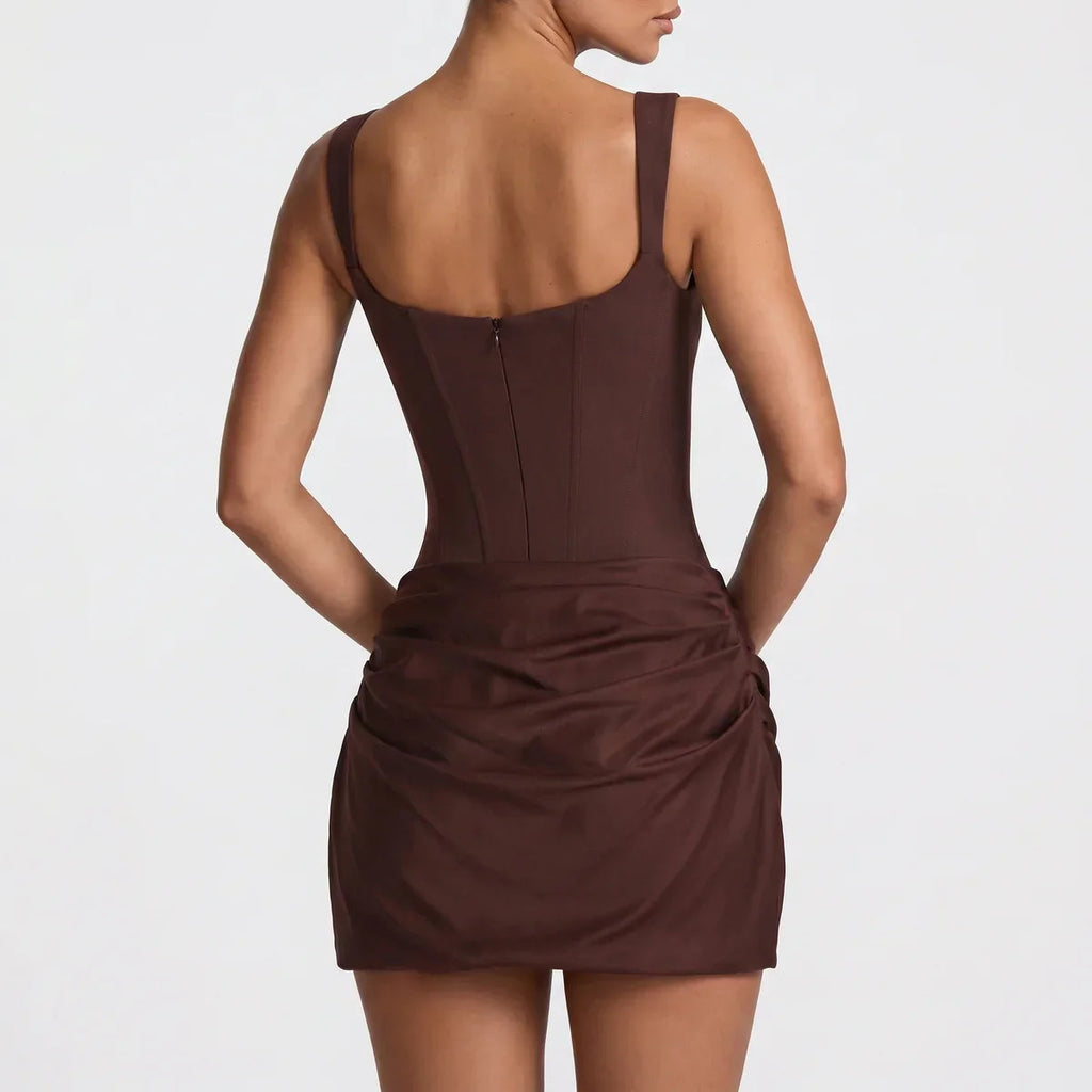 Square Neck Ruched Corset Satin Bodycon Mini Dress