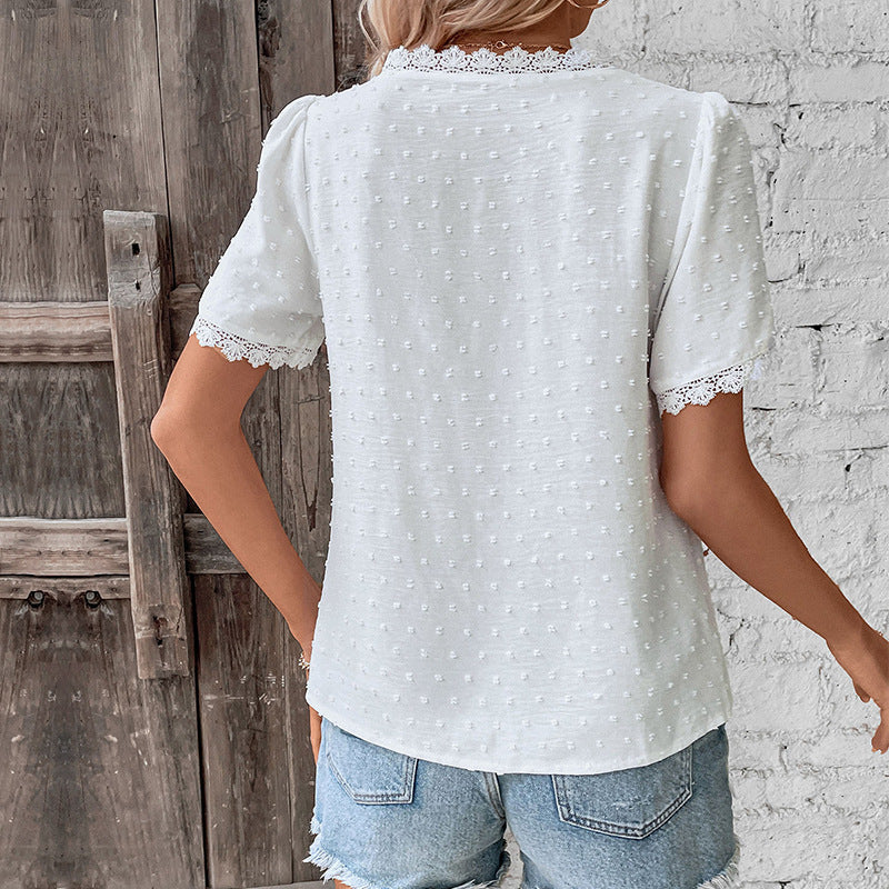 Blusa da donna in pizzo con scollo a V e maniche corte