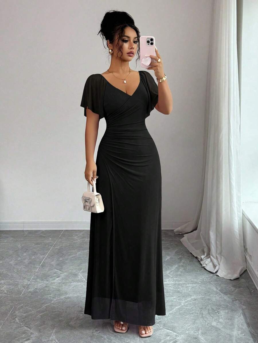 V-Neck Short Sleeve Ruched Wrap Maxi Wedding Guest Dress