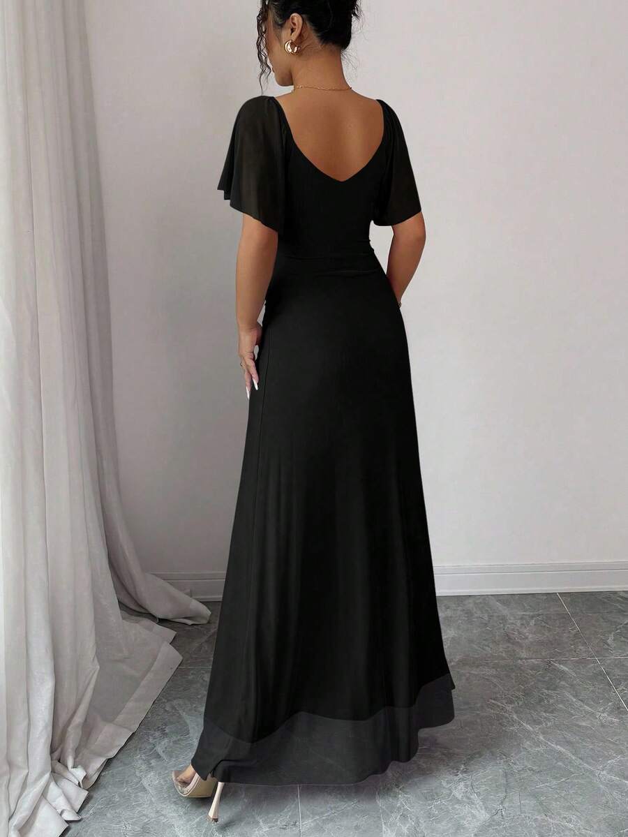 V-Neck Short Sleeve Ruched Wrap Maxi Wedding Guest Dress