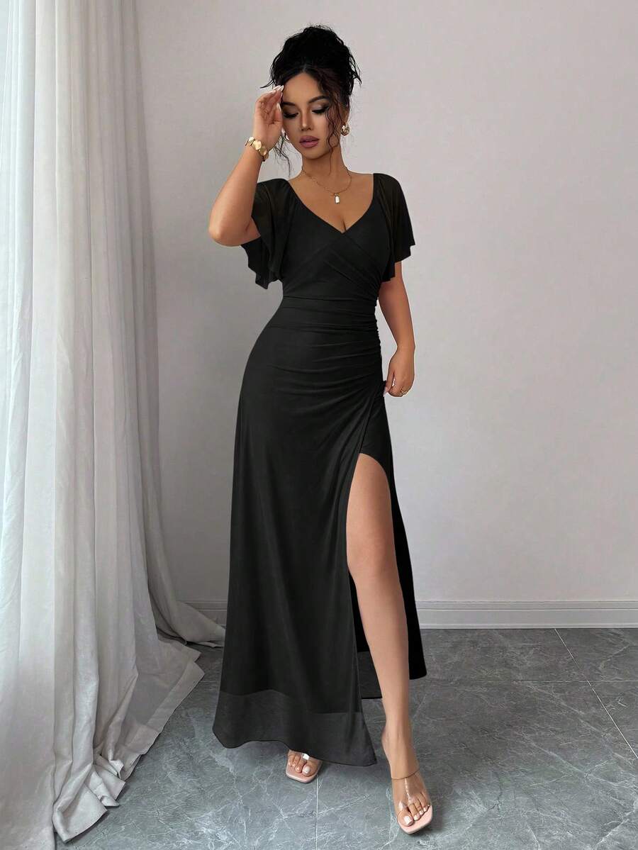 V-Neck Short Sleeve Ruched Wrap Maxi Wedding Guest Dress