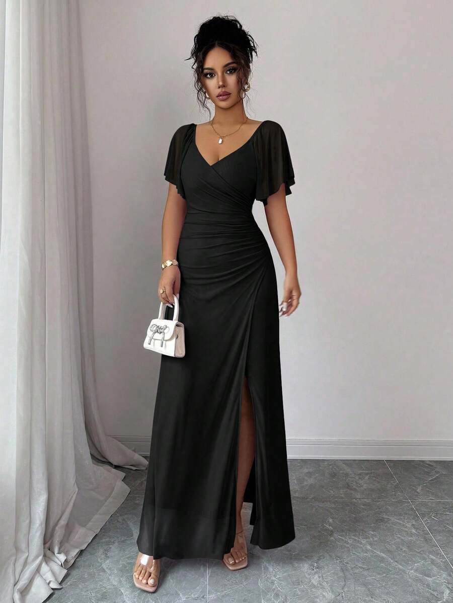 V-Neck Short Sleeve Ruched Wrap Maxi Wedding Guest Dress