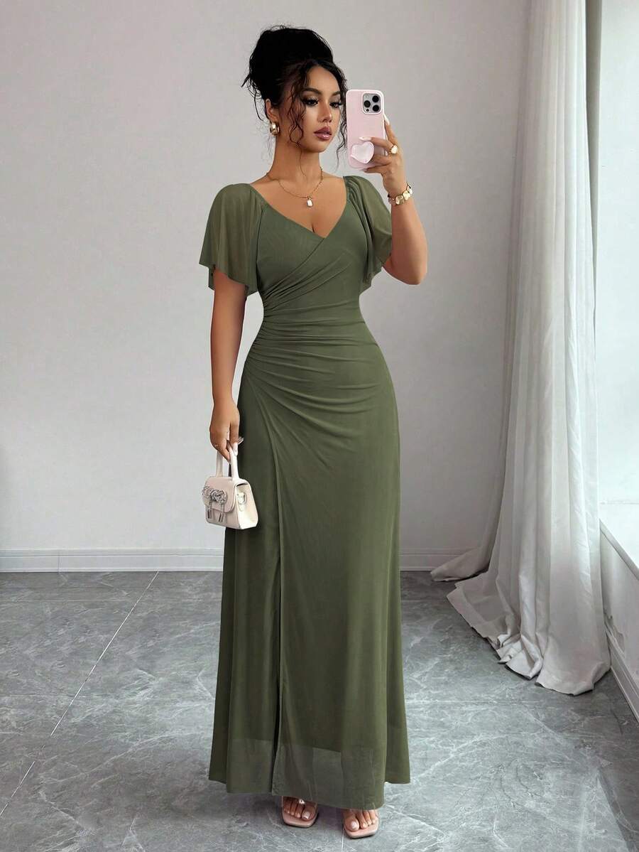 V-Neck Short Sleeve Ruched Wrap Maxi Wedding Guest Dress