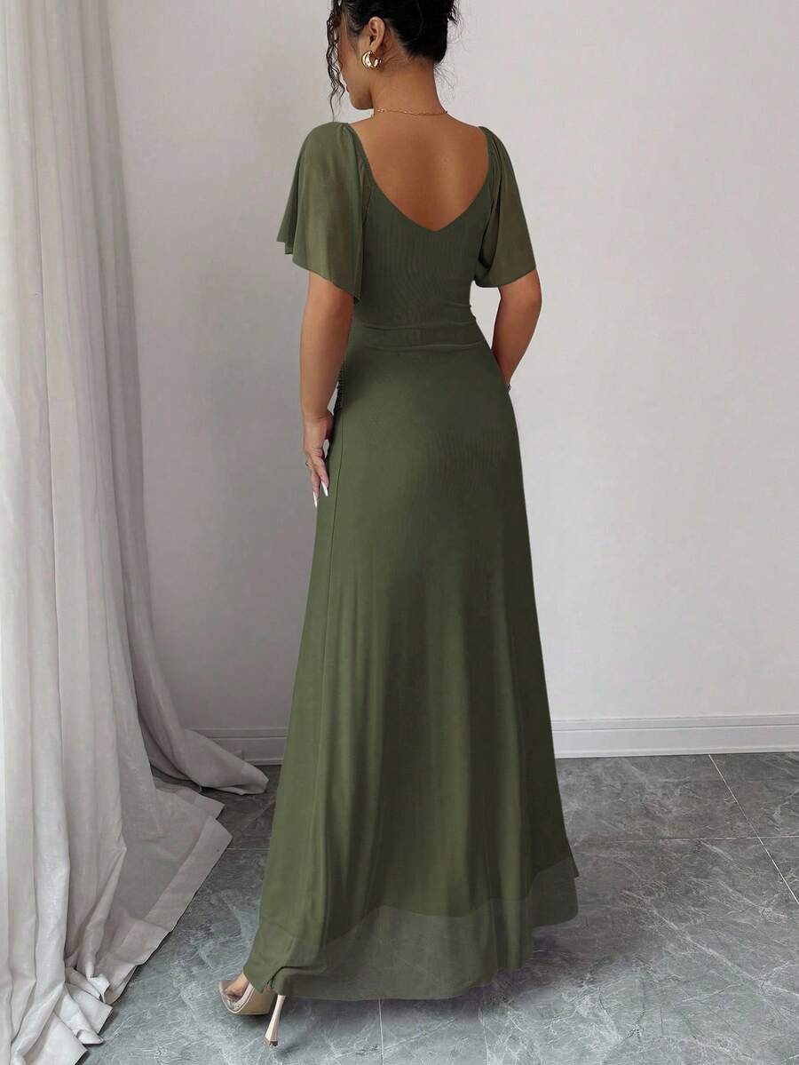 V-Neck Short Sleeve Ruched Wrap Maxi Wedding Guest Dress