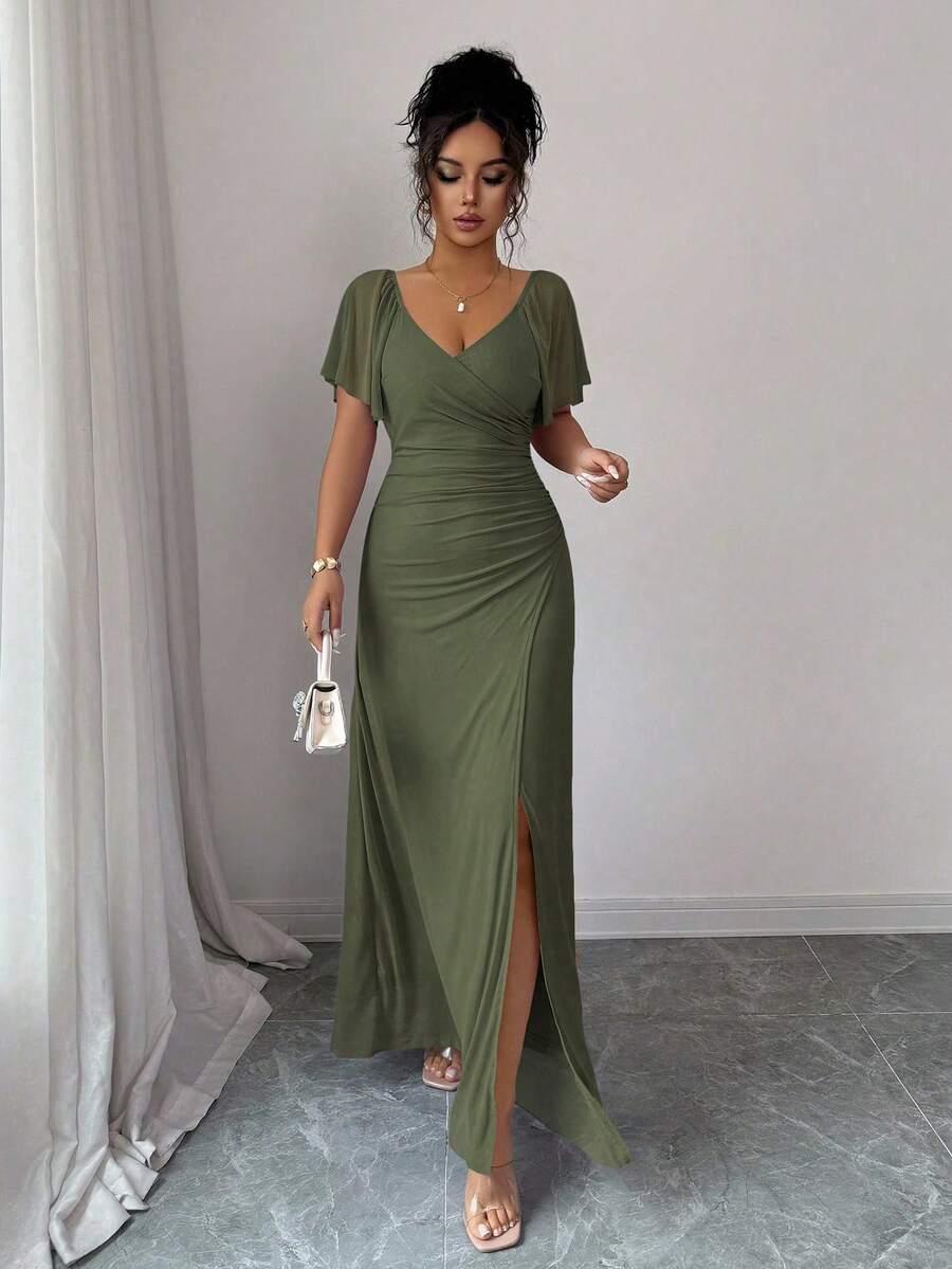 V-Neck Short Sleeve Ruched Wrap Maxi Wedding Guest Dress