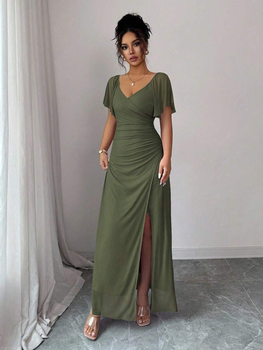 V-Neck Short Sleeve Ruched Wrap Maxi Wedding Guest Dress