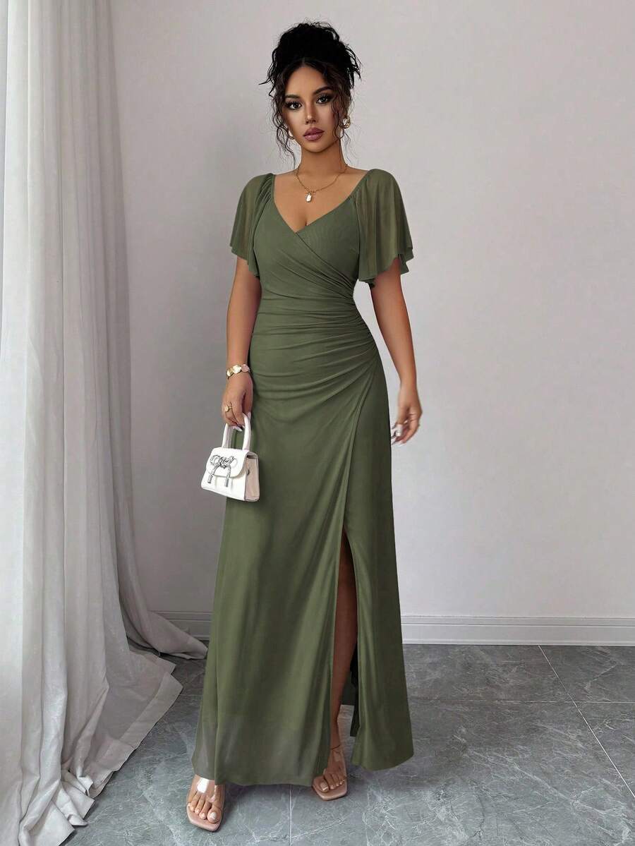 V-Neck Short Sleeve Ruched Wrap Maxi Wedding Guest Dress