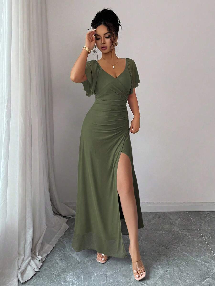 V-Neck Short Sleeve Ruched Wrap Maxi Wedding Guest Dress