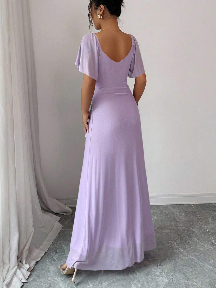 V-Neck Short Sleeve Ruched Wrap Maxi Wedding Guest Dress