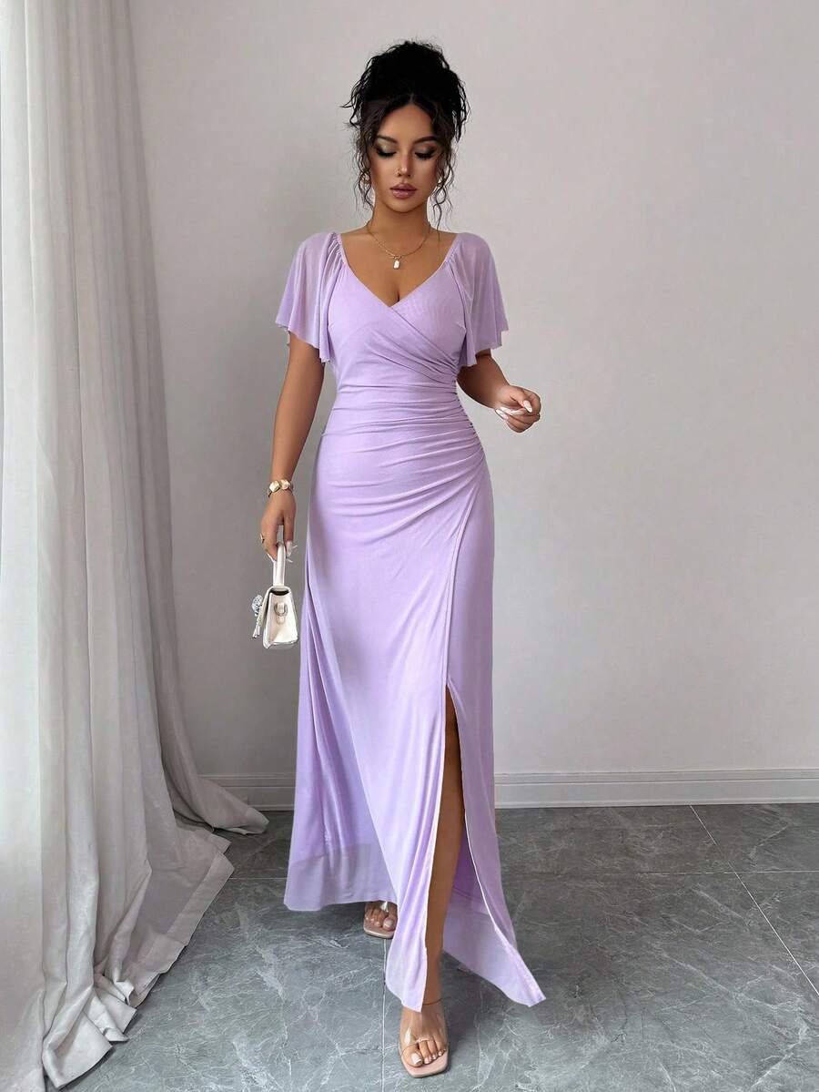 V-Neck Short Sleeve Ruched Wrap Maxi Wedding Guest Dress