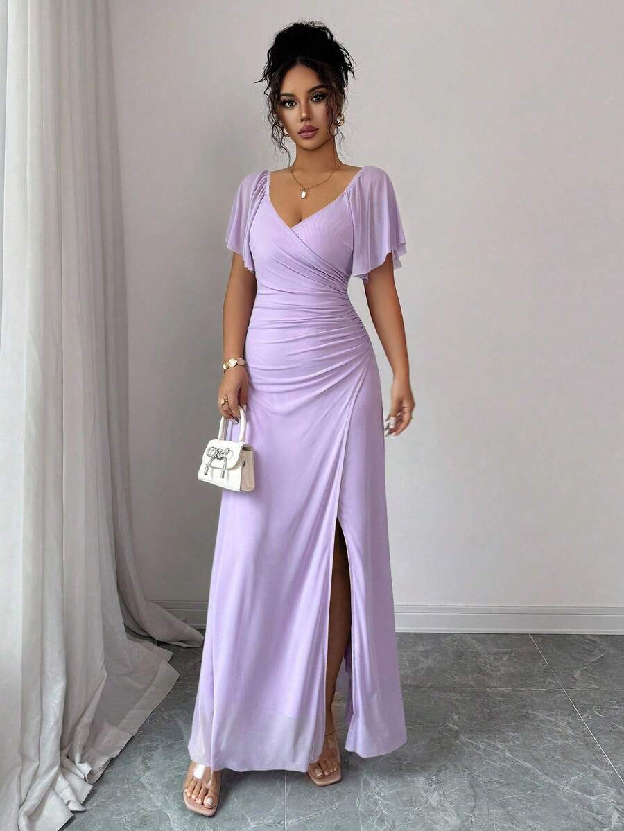 V-Neck Short Sleeve Ruched Wrap Maxi Wedding Guest Dress