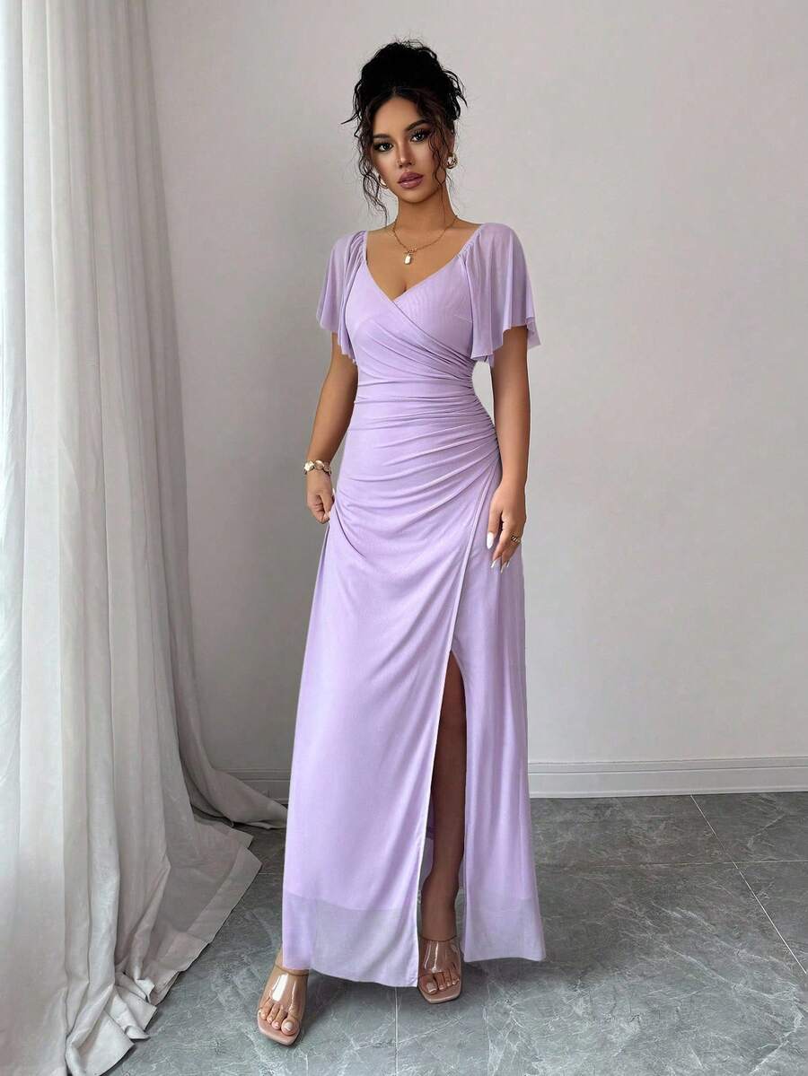 V-Neck Short Sleeve Ruched Wrap Maxi Wedding Guest Dress