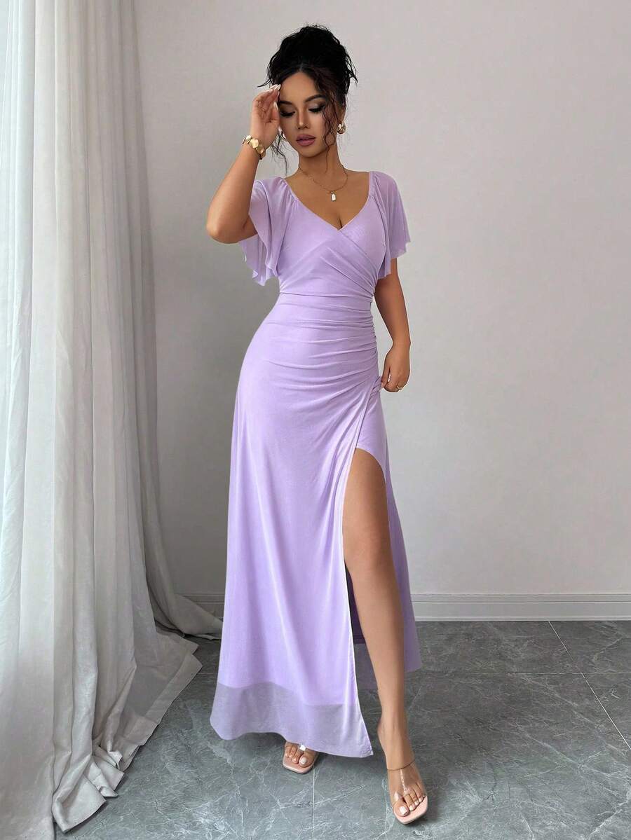 V-Neck Short Sleeve Ruched Wrap Maxi Wedding Guest Dress