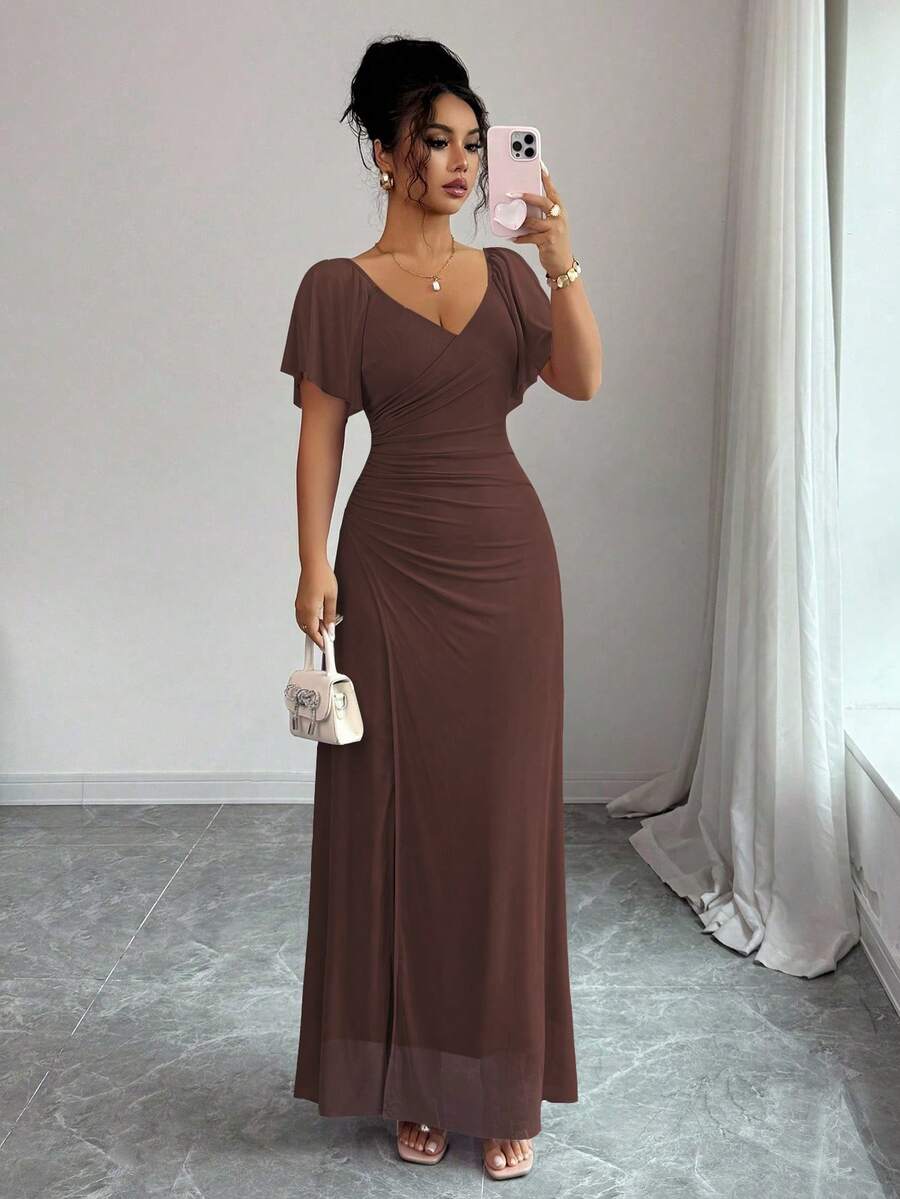 V-Neck Short Sleeve Ruched Wrap Maxi Wedding Guest Dress