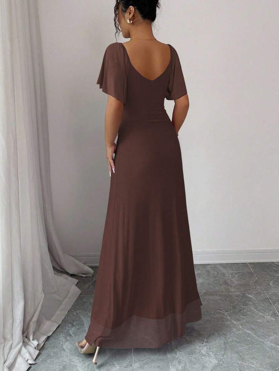 V-Neck Short Sleeve Ruched Wrap Maxi Wedding Guest Dress