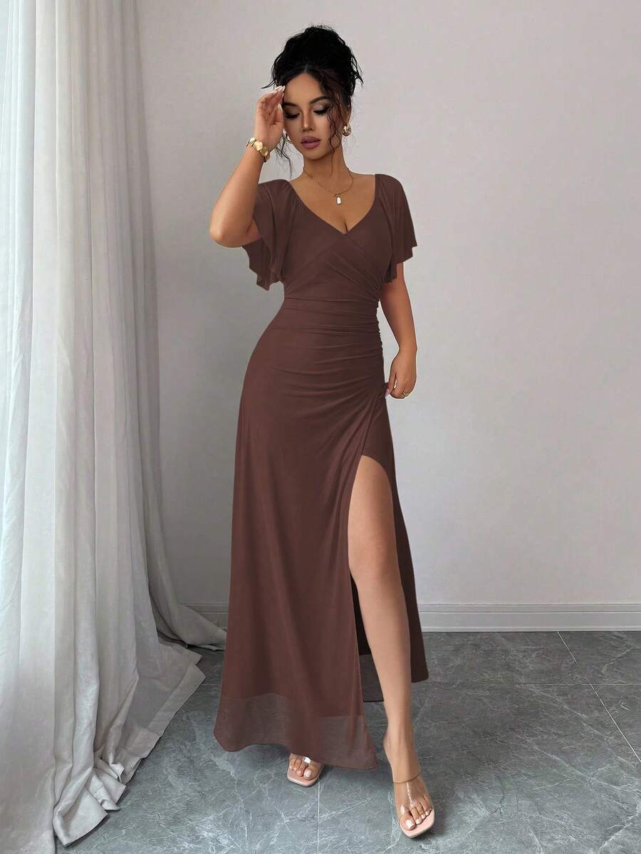 V-Neck Short Sleeve Ruched Wrap Maxi Wedding Guest Dress