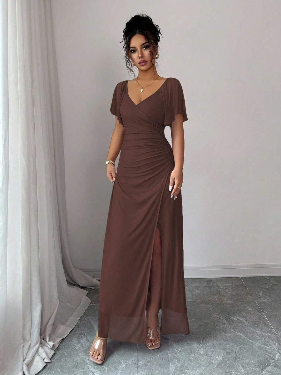 V-Neck Short Sleeve Ruched Wrap Maxi Wedding Guest Dress