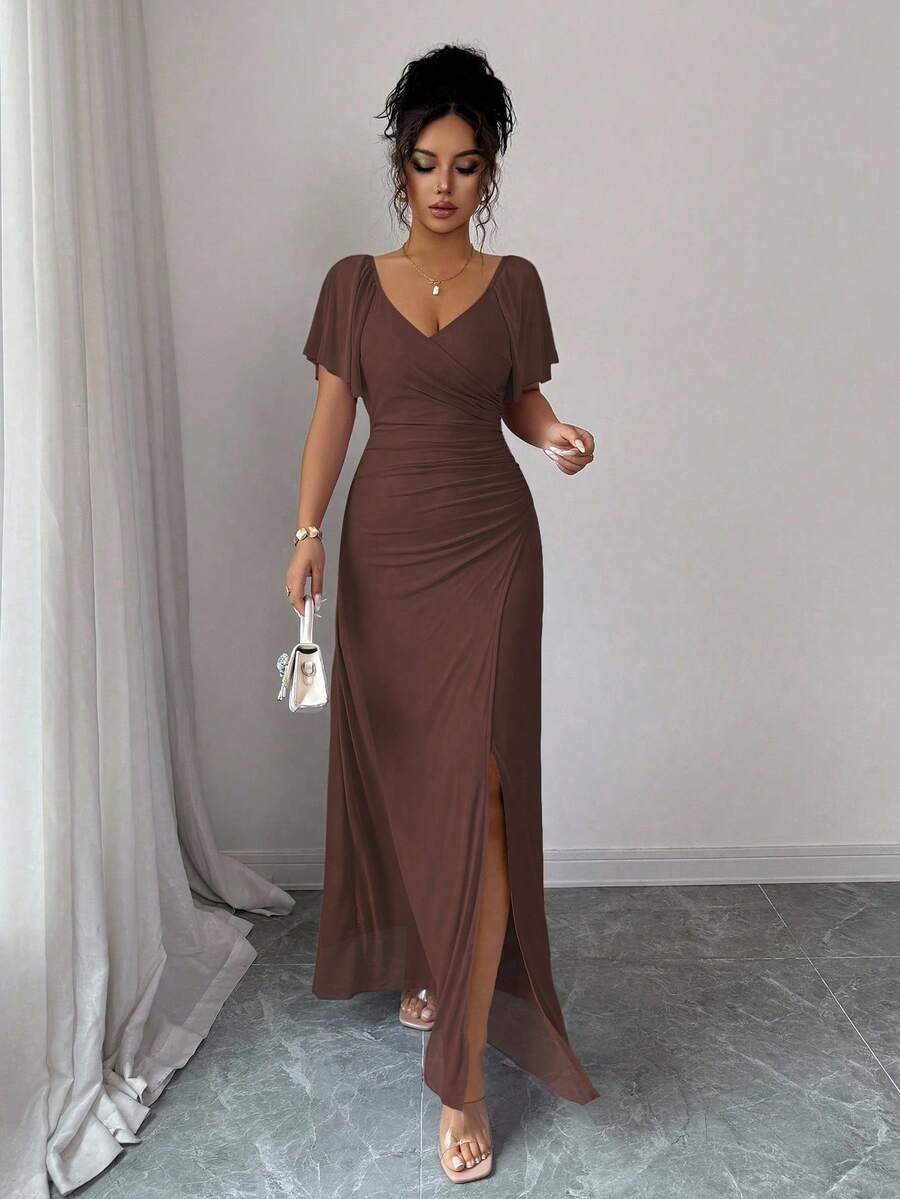 V-Neck Short Sleeve Ruched Wrap Maxi Wedding Guest Dress