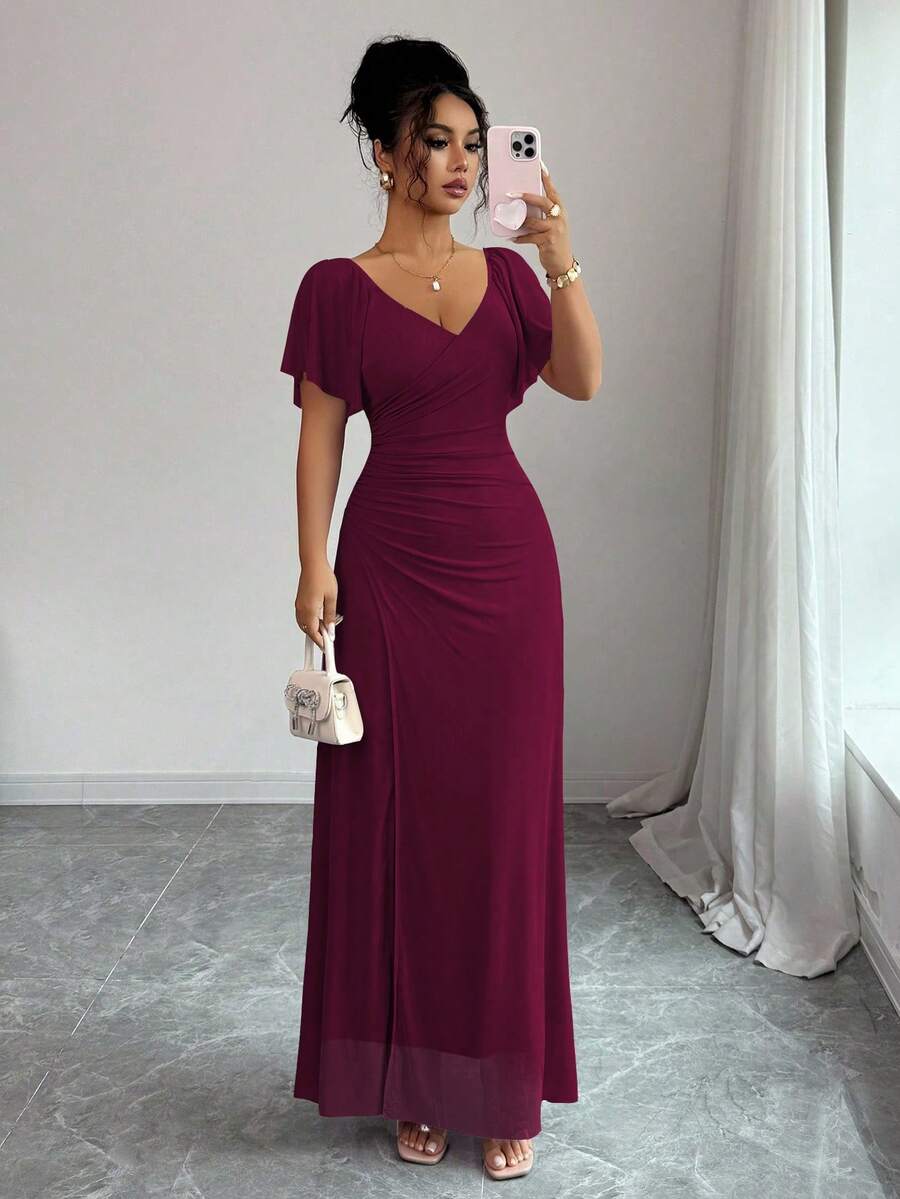 V-Neck Short Sleeve Ruched Wrap Maxi Wedding Guest Dress
