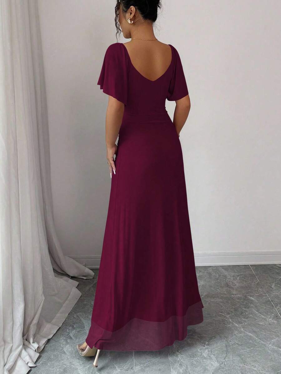 V-Neck Short Sleeve Ruched Wrap Maxi Wedding Guest Dress