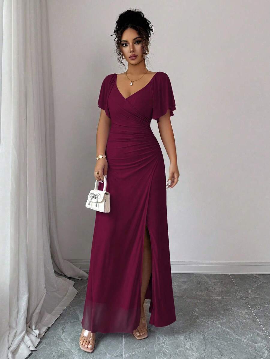 V-Neck Short Sleeve Ruched Wrap Maxi Wedding Guest Dress