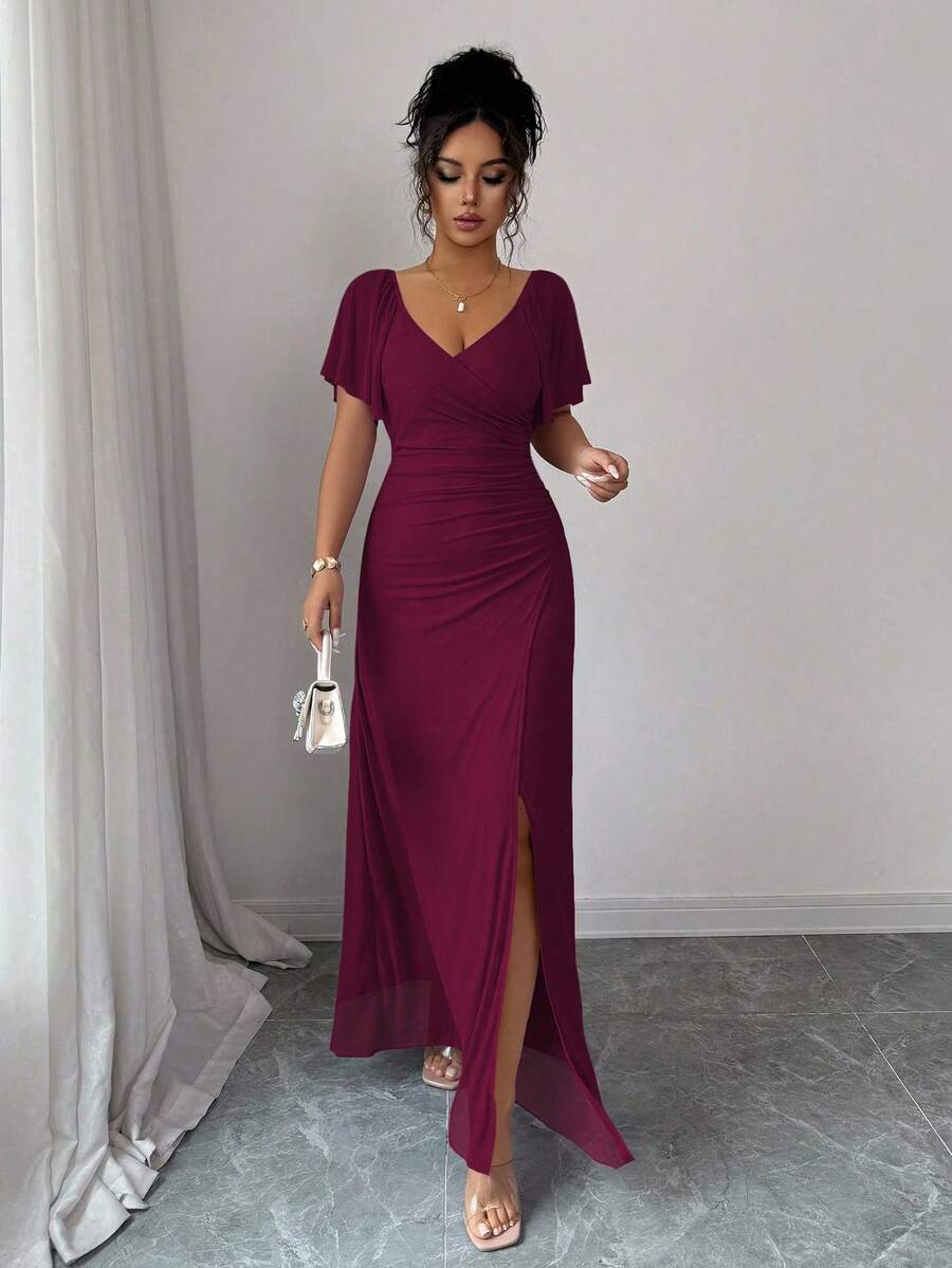 V-Neck Short Sleeve Ruched Wrap Maxi Wedding Guest Dress