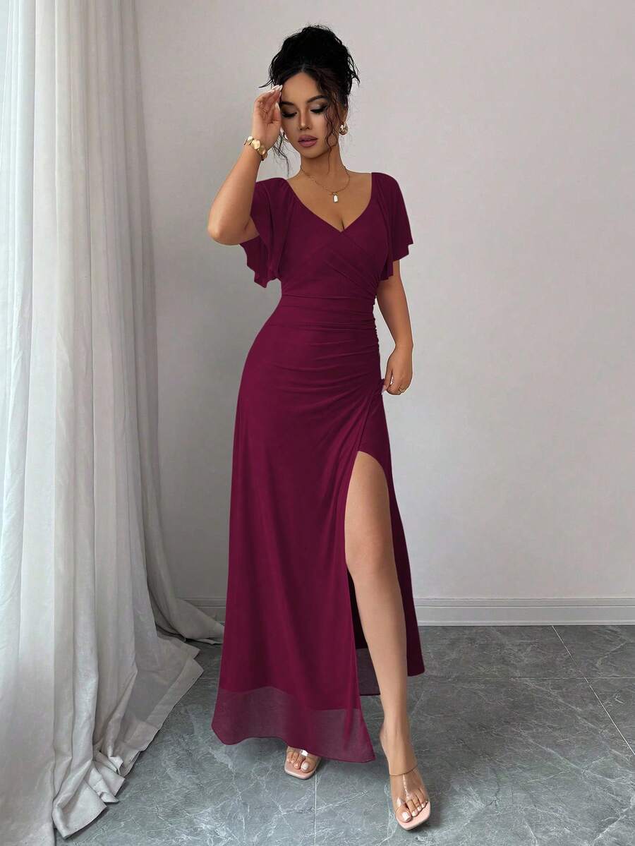 V-Neck Short Sleeve Ruched Wrap Maxi Wedding Guest Dress