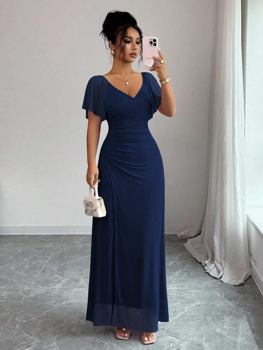 V-Neck Short Sleeve Ruched Wrap Maxi Wedding Guest Dress