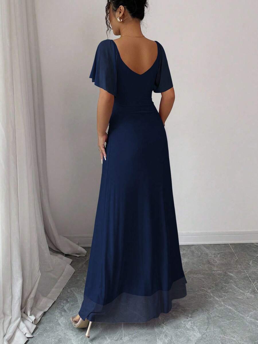 V-Neck Short Sleeve Ruched Wrap Maxi Wedding Guest Dress