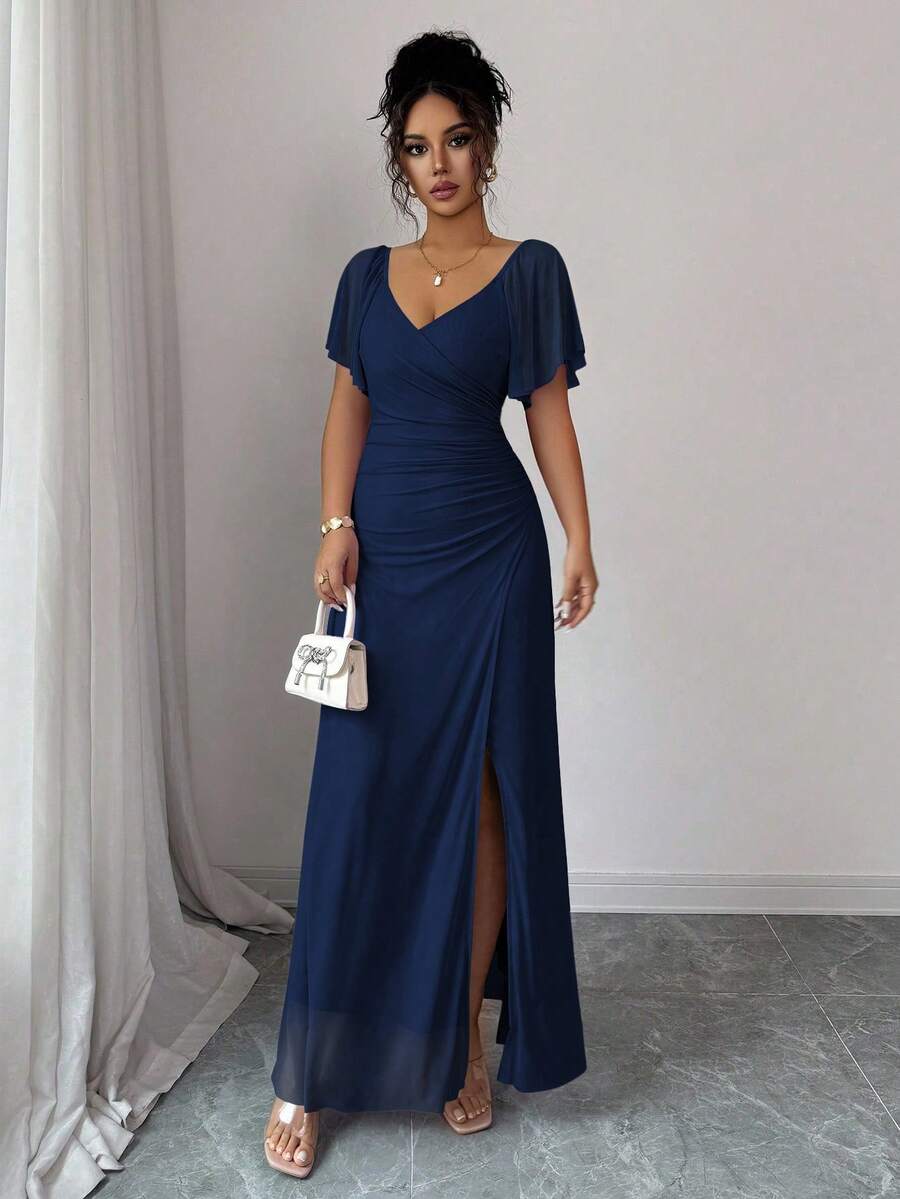 V-Neck Short Sleeve Ruched Wrap Maxi Wedding Guest Dress