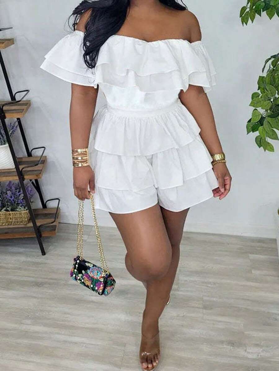 Off-Shoulder Ruffle Tiered Summer Playsuit Set