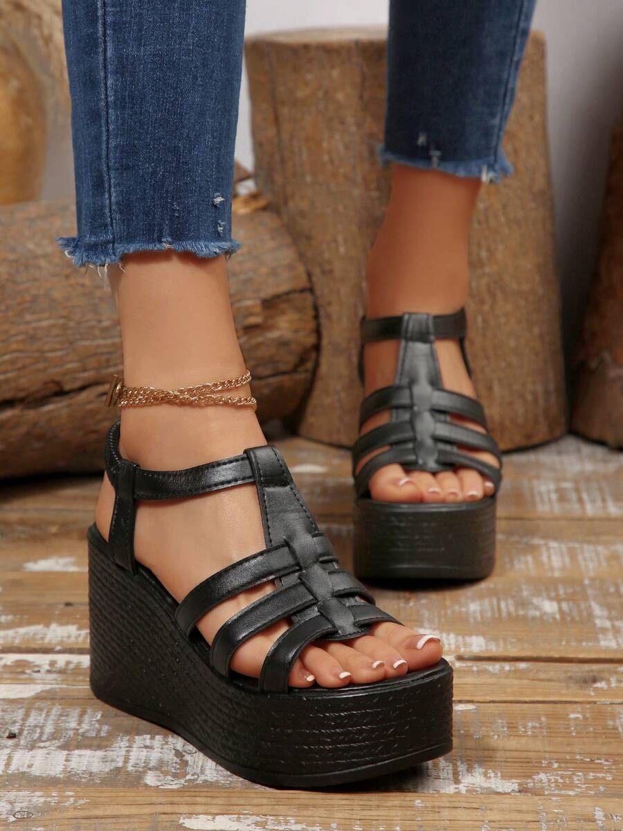 Open Toe T Bar High Platform Wedge Sandals for Women