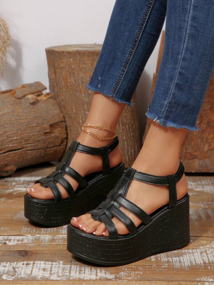 Open Toe T Bar High Platform Wedge Sandals for Women